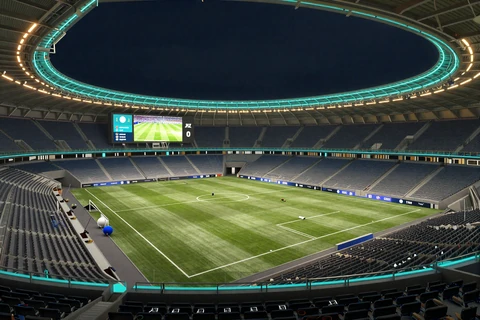 Virtuelles Fu&szlig;ballstadion mit Neonlicht und digitaler Anzeigetafel, OnlySpins Casino Virtual Sports