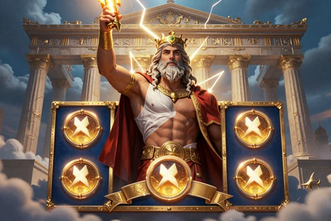 Zeus mit goldenen Blitzen im Gates of Olympus Slot-Stil, beliebter Echtgeld Slot bei OnlySpins