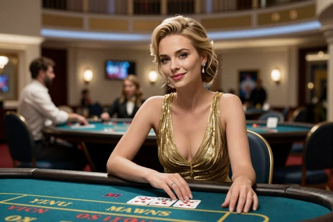 Elegante Frau im goldenen Kleid am exklusiven High-Limit-Baccarat-Tisch im OnlySpins VIP Live-Casino