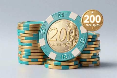 Stapel goldener Euro-Chips mit 200-Freispiele-Badge, OnlySpins Casino Willkommensbonus Variante