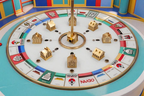Monopoly Live Spielbrett mit goldenen 3D-H&auml;usern im OnlySpins Live-Casino Game Show