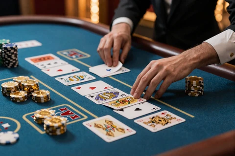 Playtech Live-Blackjack-Tisch mit Karten und goldenen Chips im OnlySpins Live-Casino