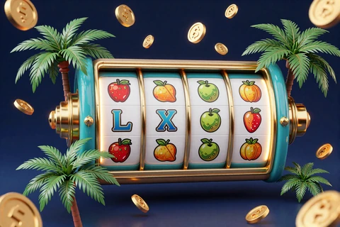 Herabfallende Slot-Symbole mit tropischem Design und Goldm&uuml;nzen, OnlySpins online Slots Spielautomaten