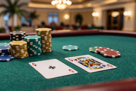 Black Jack online mit Ass und King sowie goldenen Chips im OnlySpins Live-Casino