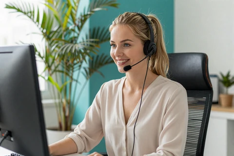 Freundliche Support-Mitarbeiterin mit Headset im tropischen B&uuml;ro des OnlySpins Casino Kundendienstes