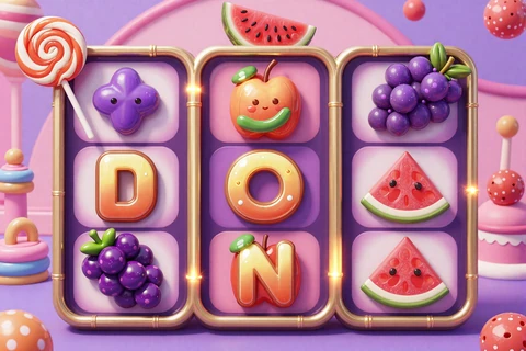 Bunte S&uuml;&szlig;igkeiten und Fr&uuml;chte im Sweet Bonanza Slot-Stil, beliebter online Slot bei OnlySpins Casino