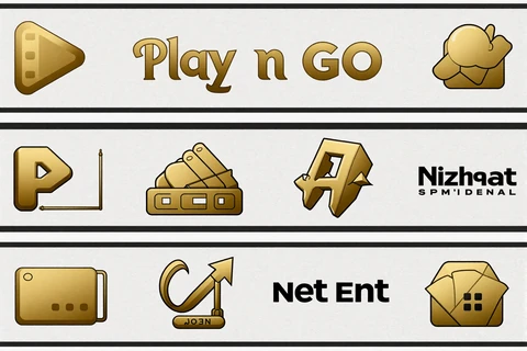 Goldene Logo-Reihe der Slot-Anbieter Pragmatic Play, Play'n GO, Yggdrasil, NetEnt und Spinomenal bei OnlySpins