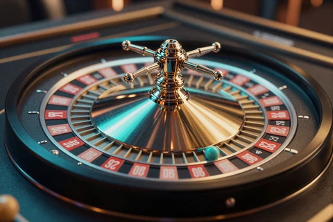Neon-Roulette-Rad in Nahaufnahme mit Kugel, OnlySpins Casino Tischspiele
