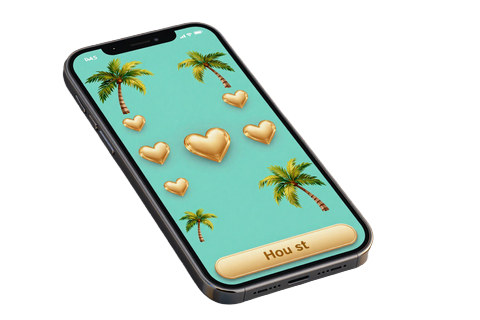 Smartphone mit tropischem InApp-Dating-Spiel und goldenen Herzen im OnlySpins Casino