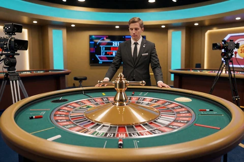 Evolution Live-Roulette-Studio mit Croupier und goldenem Tisch im OnlySpins Live-Casino
