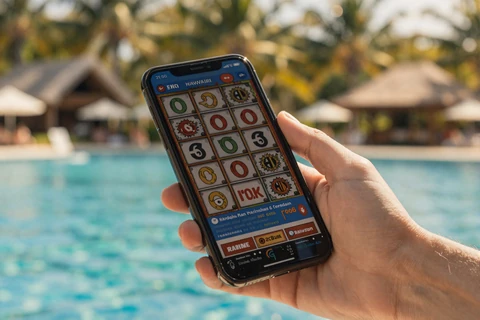 Hand mit Smartphone und vertikalem Slot-Spiel vor tropischem Pool, OnlySpins online Casino kostenlos mobil