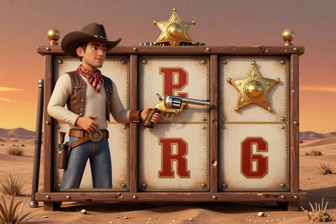 Wildwest-Revolverheld in der W&uuml;ste im Wild West Gold Slot-Stil, beliebter Spielautomat bei OnlySpins